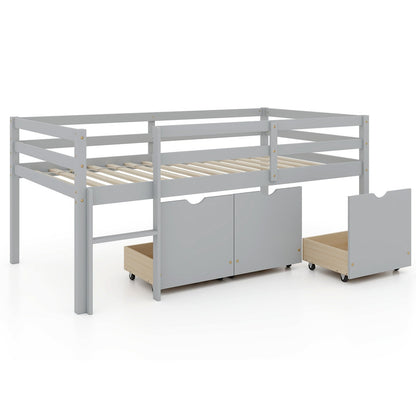 Kids Twin Low Loft Bed with 3 Storage Drawers and Safety Guardrails – Grey