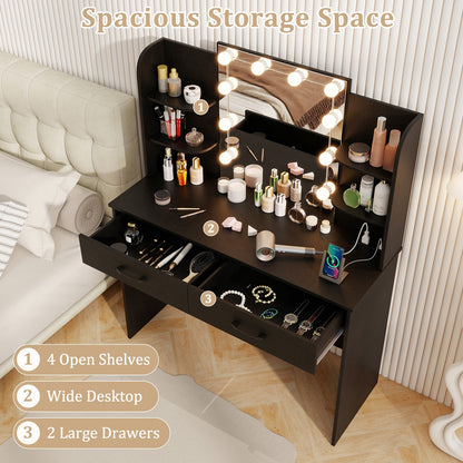 Makeup Vanity with Lighted Mirror, Charging Ports and Stool – Black