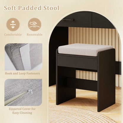Makeup Vanity with Lighted Mirror, Charging Ports and Stool – Black