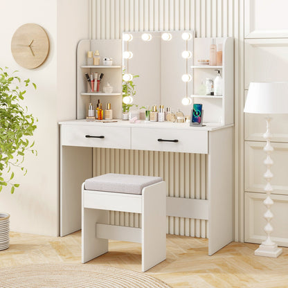 Makeup Vanity with Lighted Mirror, Charging Ports and Stool – White