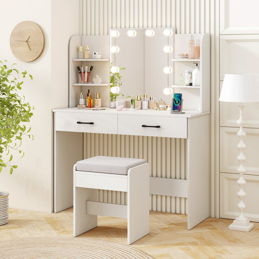 Makeup Vanity with Lighted Mirror, Charging Ports and Stool – White