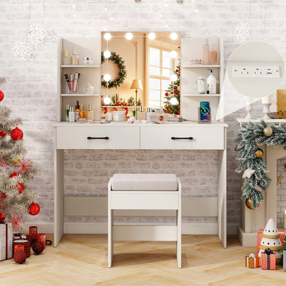 Makeup Vanity with Lighted Mirror, Charging Ports and Stool – White