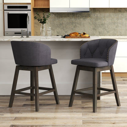 Fabric Upholstered Counter Stools Set of 2 with 360° Swivel and Footrest, Stylish Bar Chairs - Grey