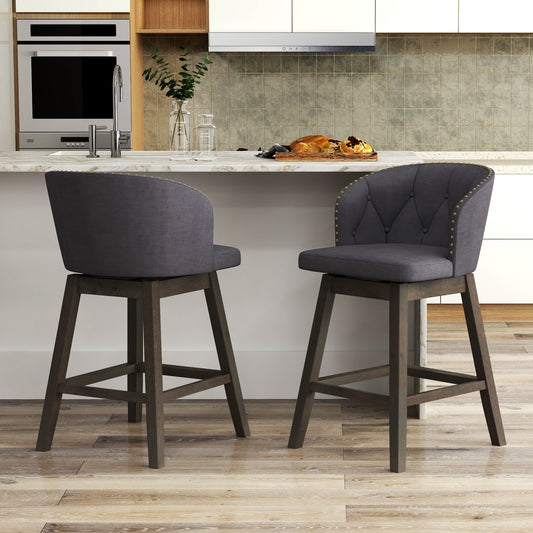 Fabric Upholstered Counter Stools Set of 2 with 360° Swivel and Footrest, Stylish Bar Chairs - Grey