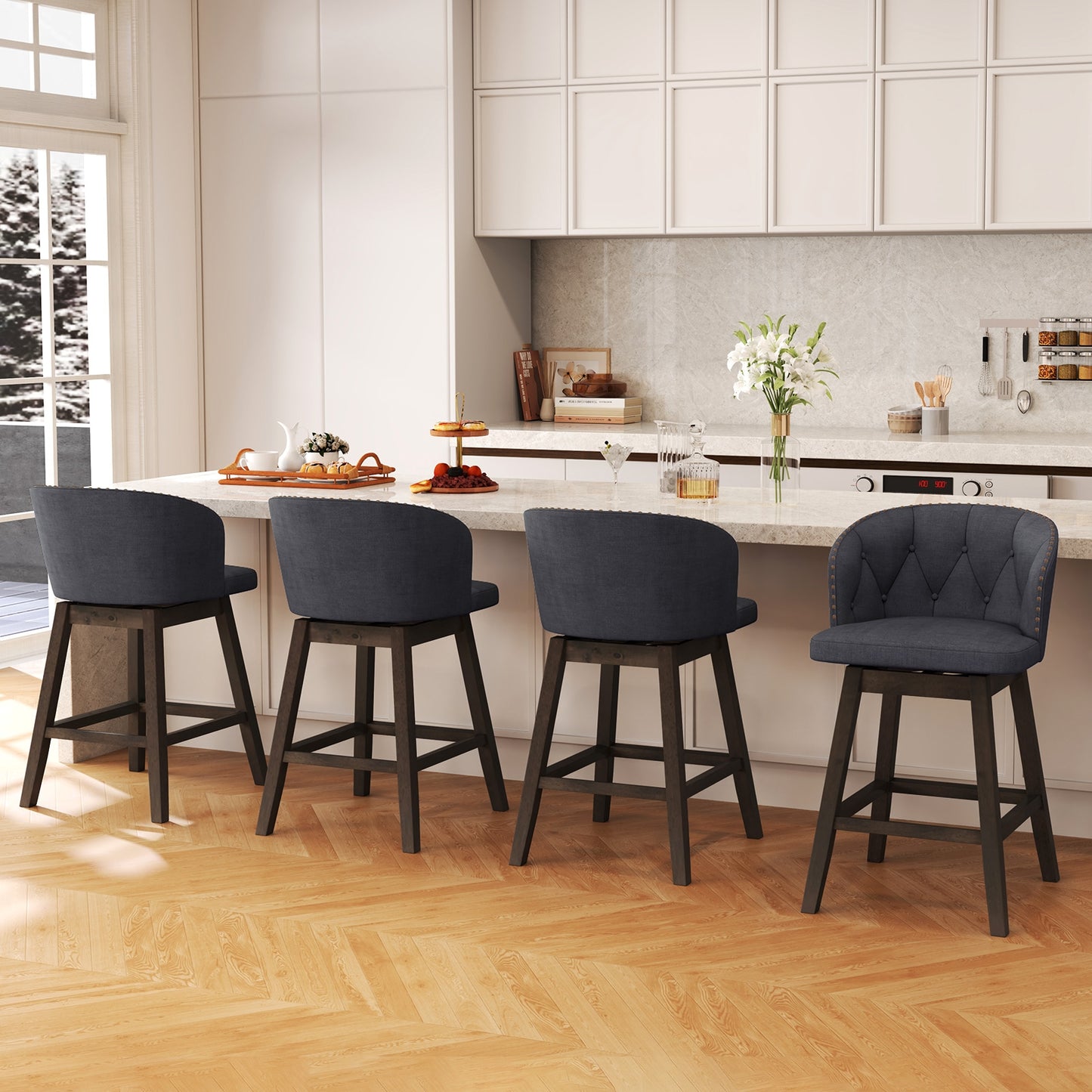Fabric Upholstered Counter Stools Set of 2 with 360° Swivel and Footrest, Stylish Bar Chairs - Grey