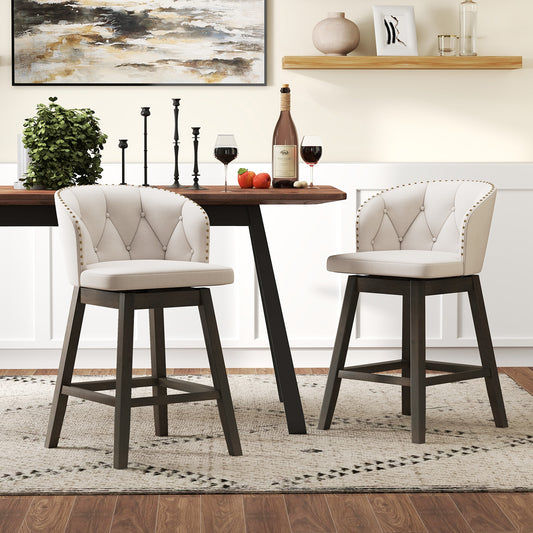 Fabric Upholstered Counter Stools Set of 2 with 360° Swivel and Footrest, Stylish Bar Chairs - Beige
