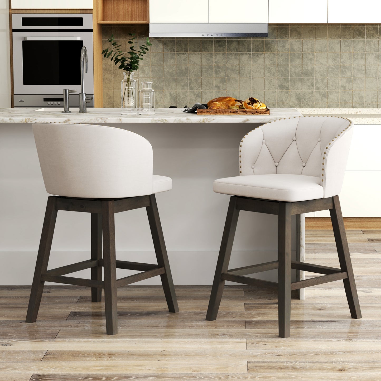 Fabric Upholstered Counter Stools Set of 2 with 360° Swivel and Footrest, Stylish Bar Chairs - Beige