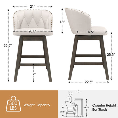 Fabric Upholstered Counter Stools Set of 2 with 360° Swivel and Footrest, Stylish Bar Chairs - Beige