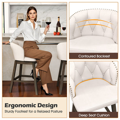Fabric Upholstered Counter Stools Set of 2 with 360° Swivel and Footrest, Stylish Bar Chairs - Beige
