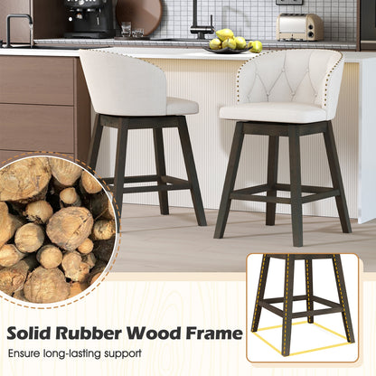 Fabric Upholstered Counter Stools Set of 2 with 360° Swivel and Footrest, Stylish Bar Chairs - Beige