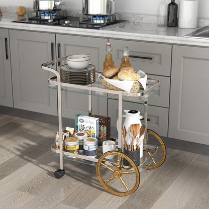 Elegant 2-Tier Tempered Glass Serving Cart with Stainless Steel Frame and Smooth Rolling Wheels