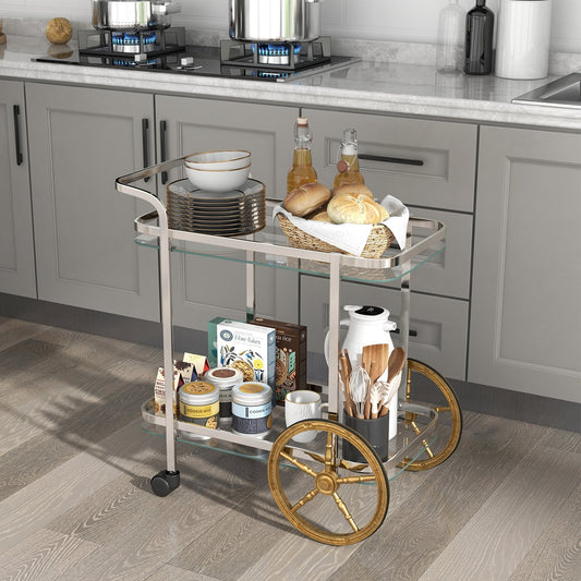 Elegant 2-Tier Tempered Glass Serving Cart with Stainless Steel Frame and Smooth Rolling Wheels