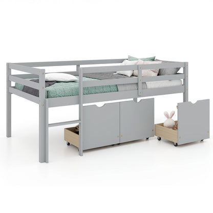 Kids Twin Low Loft Bed with 3 Storage Drawers and Safety Guardrails – Grey