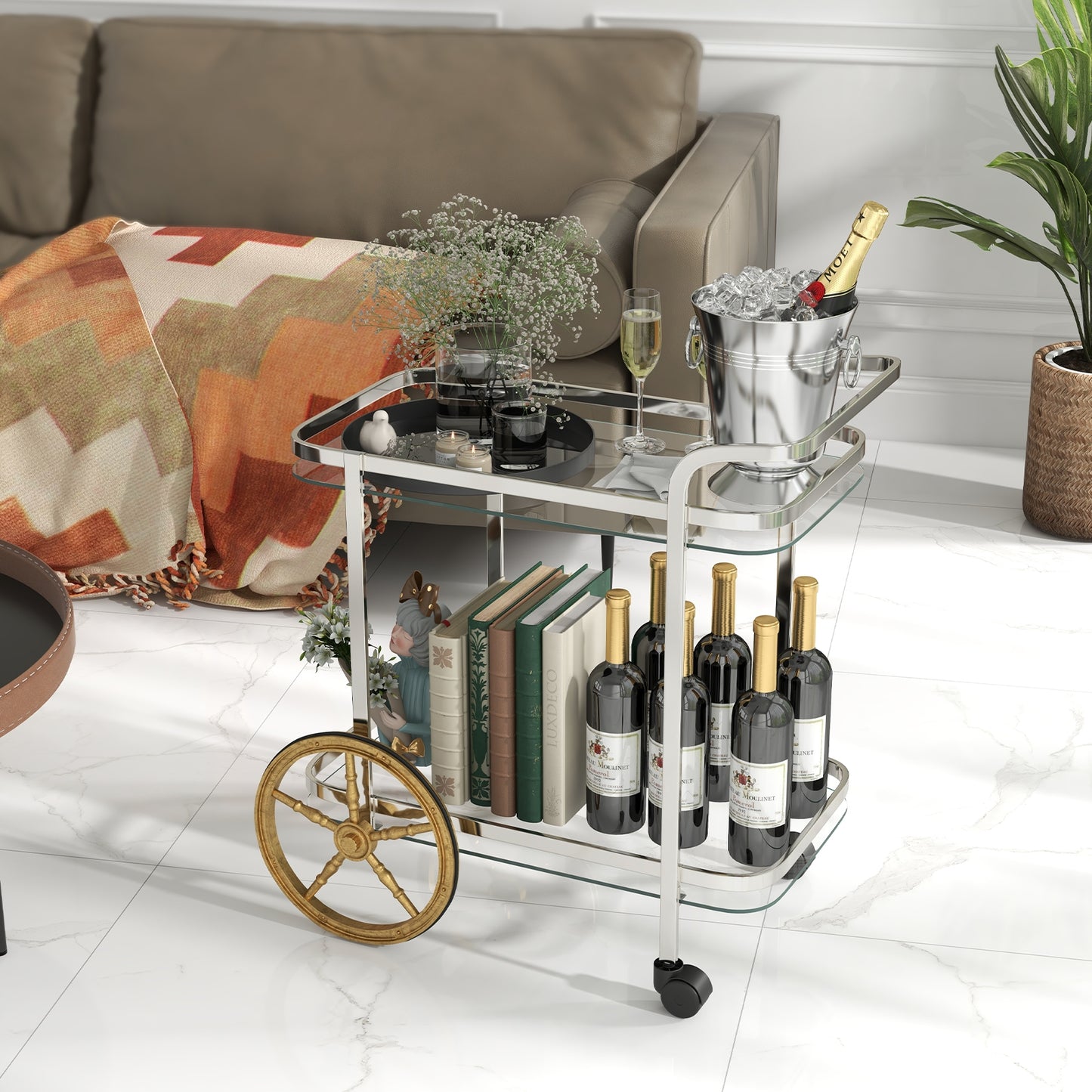 Elegant 2-Tier Tempered Glass Serving Cart with Stainless Steel Frame and Smooth Rolling Wheels