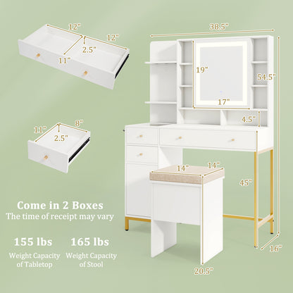 Modern Makeup Vanity with Adjustable LED Mirror, Cabinet and Stool