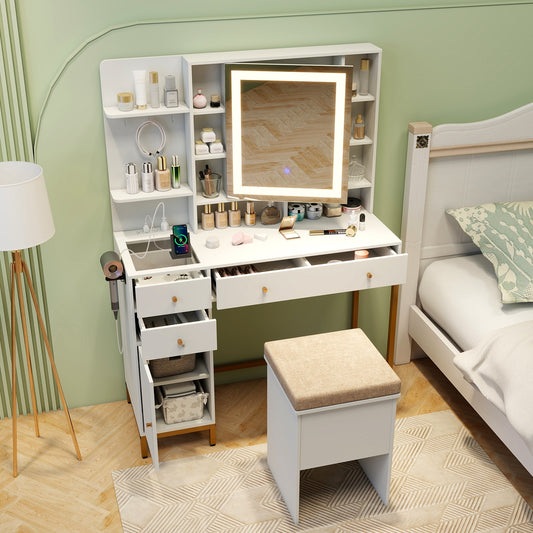 Modern Makeup Vanity with Adjustable LED Mirror, Cabinet and Stool