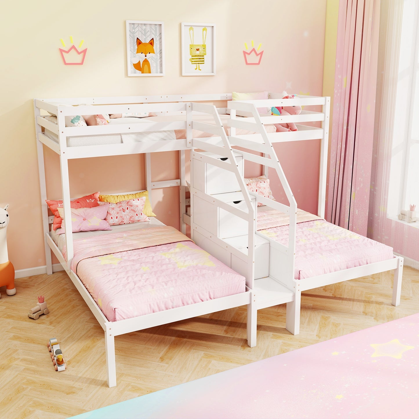 Triple Twin Bunk Bed with Storage Staircase and Safety Guardrails for Kids and Teens