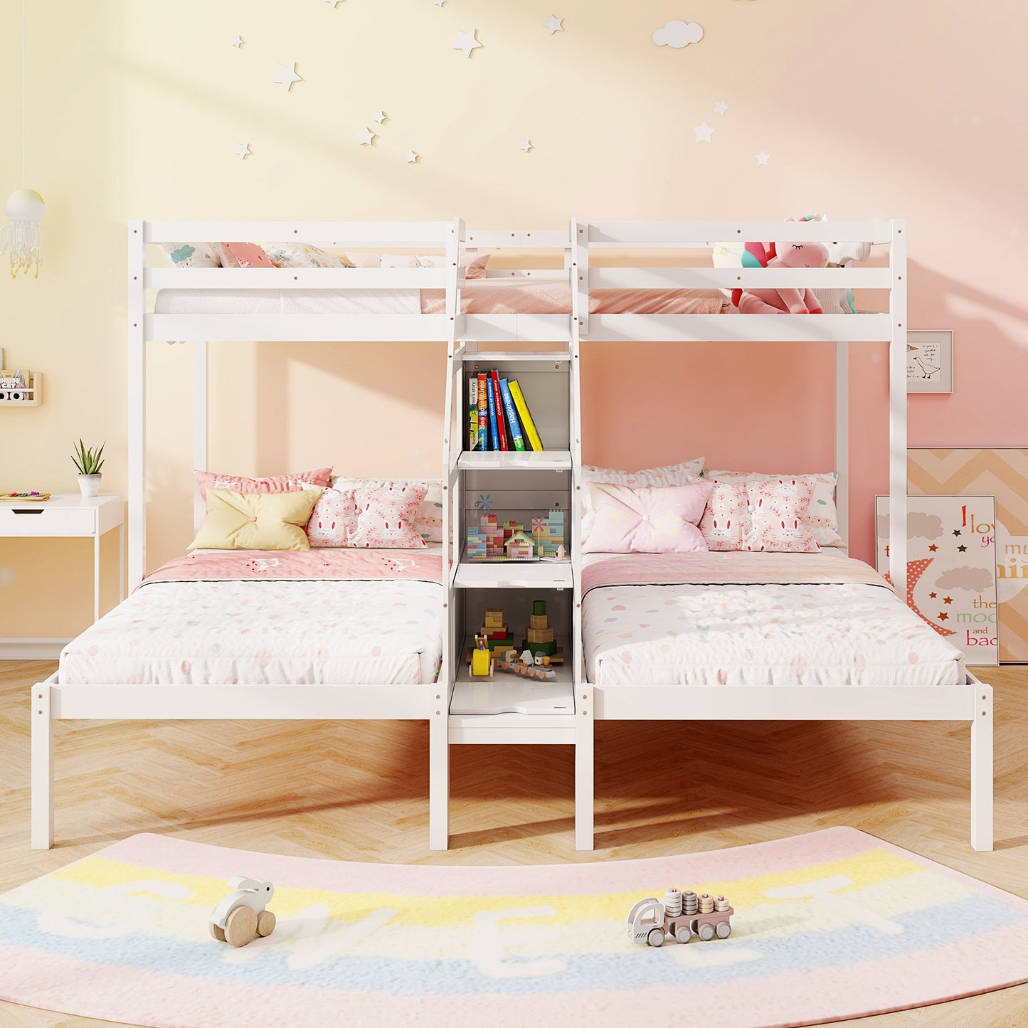 Triple Twin Bunk Bed with Storage Staircase and Safety Guardrails for Kids and Teens