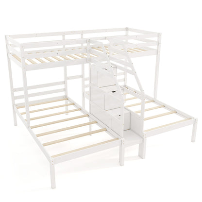 Triple Twin Bunk Bed with Storage Staircase and Safety Guardrails for Kids and Teens