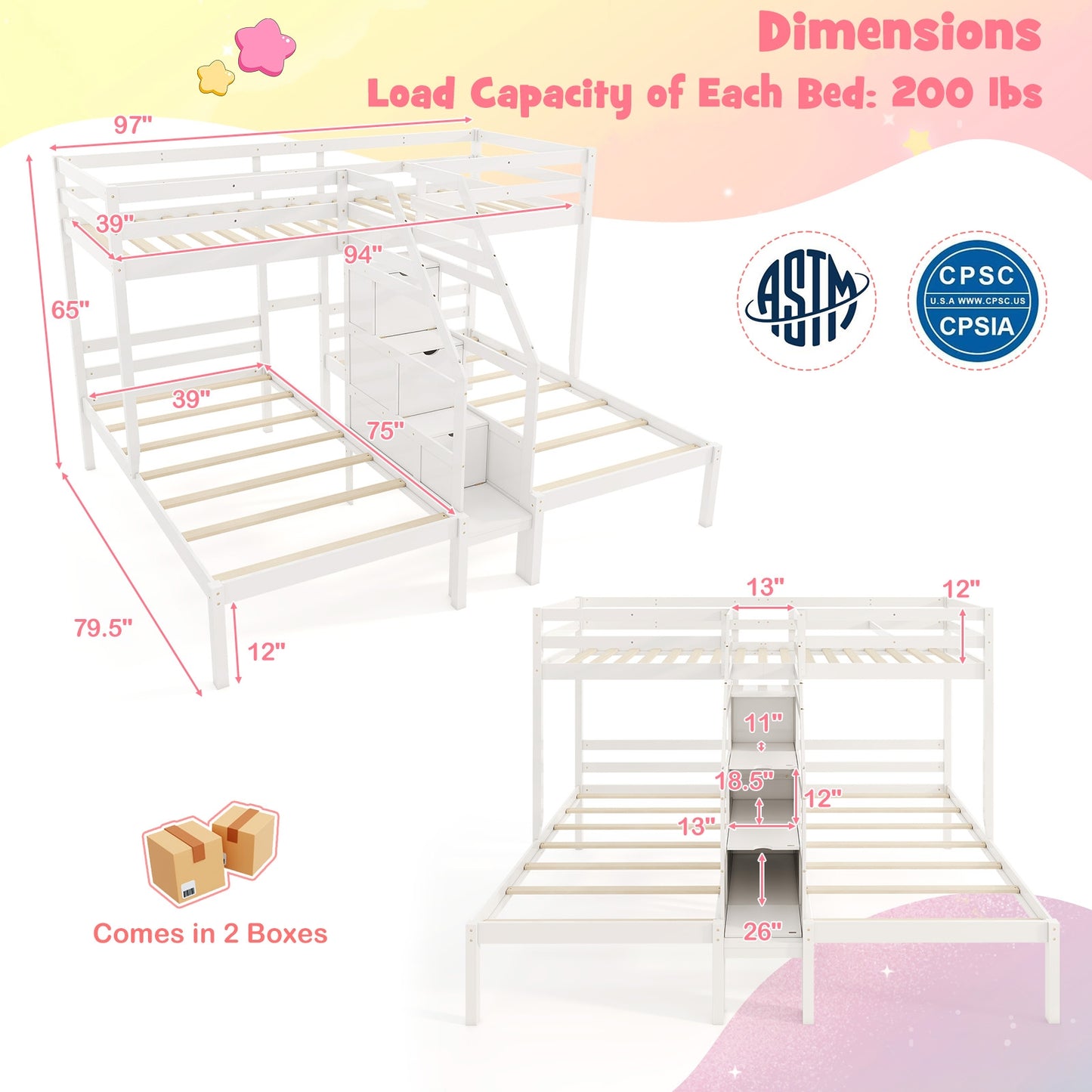 Triple Twin Bunk Bed with Storage Staircase and Safety Guardrails for Kids and Teens