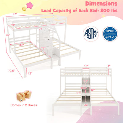 Triple Twin Bunk Bed with Storage Staircase and Safety Guardrails for Kids and Teens