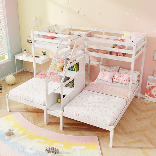 Triple Twin Bunk Bed with Storage Staircase and Safety Guardrails for Kids and Teens