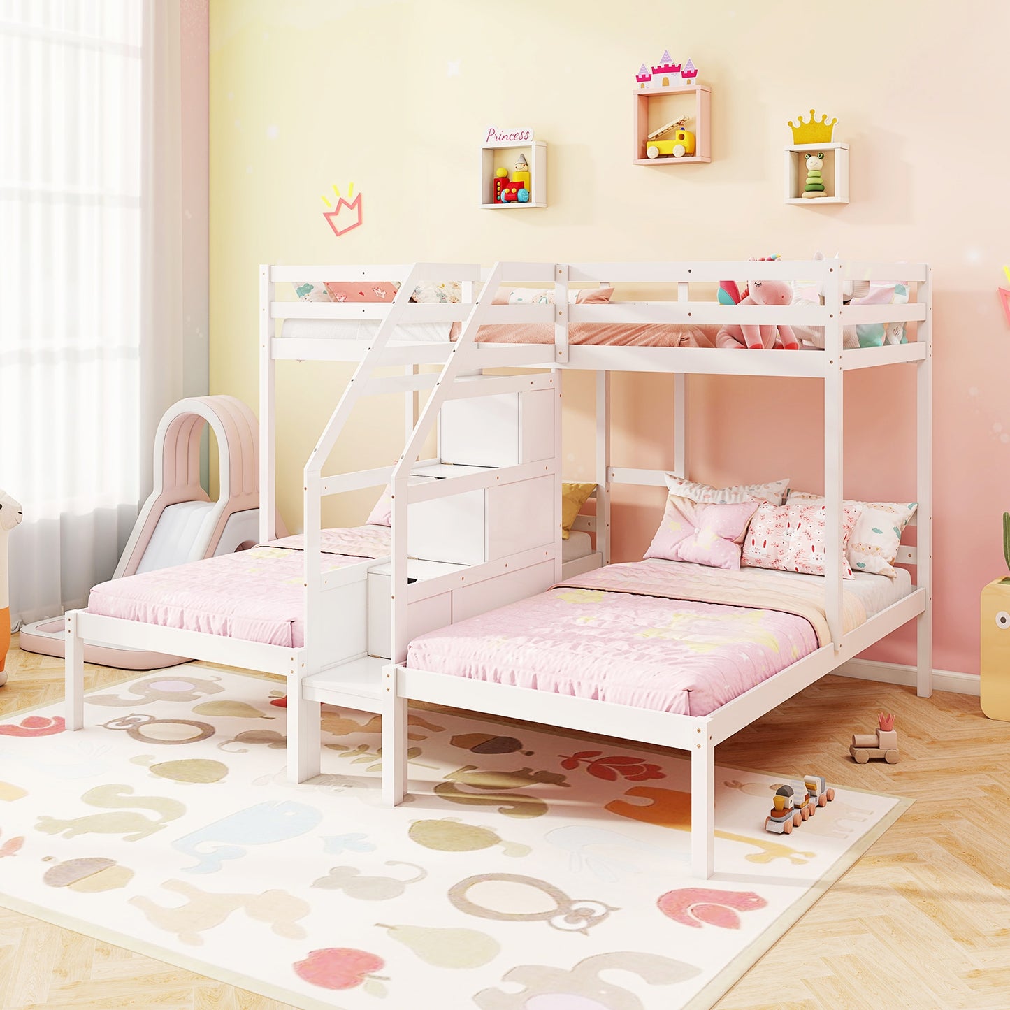 Triple Twin Bunk Bed with Storage Staircase and Safety Guardrails for Kids and Teens