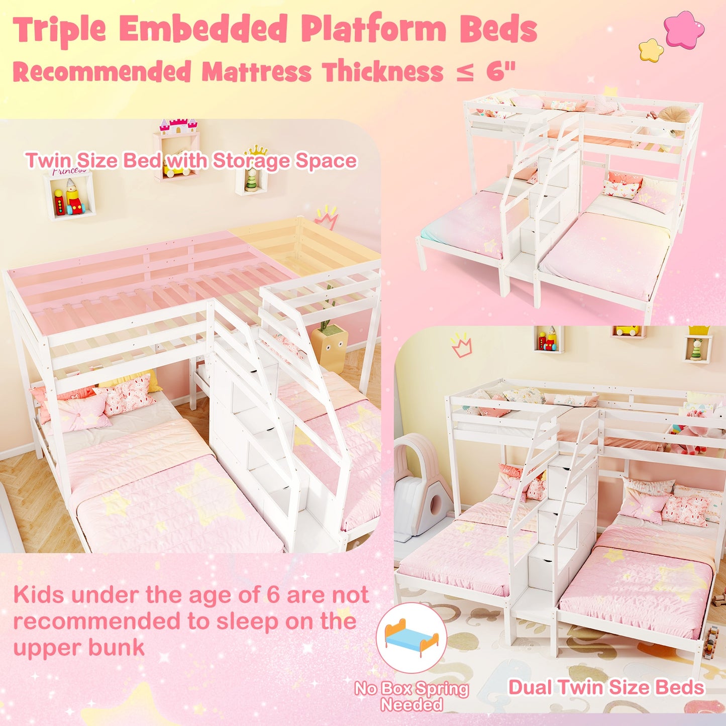Triple Twin Bunk Bed with Storage Staircase and Safety Guardrails for Kids and Teens