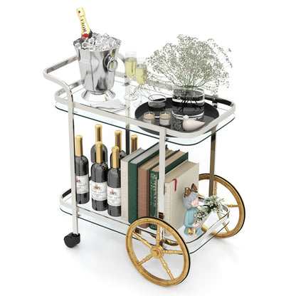 Elegant 2-Tier Tempered Glass Serving Cart with Stainless Steel Frame and Smooth Rolling Wheels