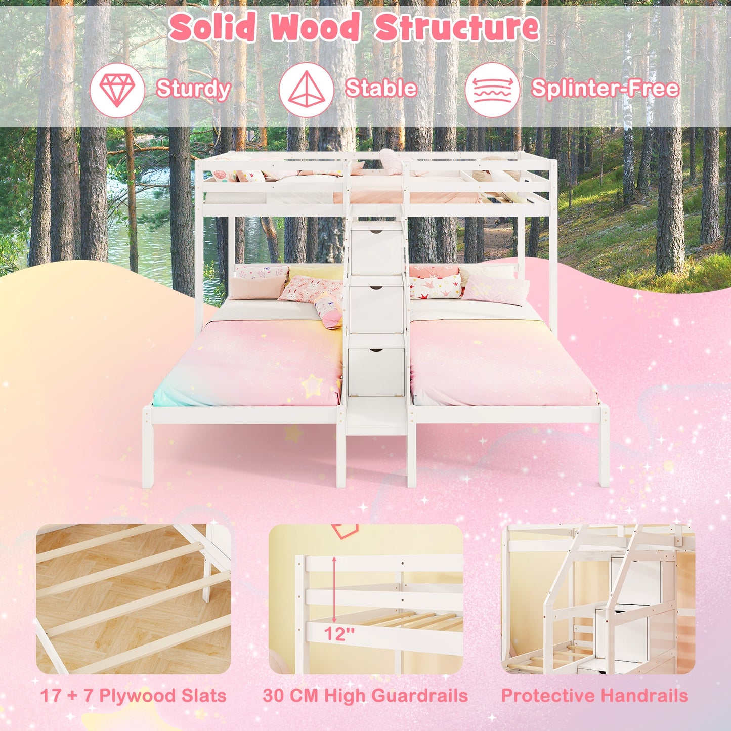 Triple Twin Bunk Bed with Storage Staircase and Safety Guardrails for Kids and Teens