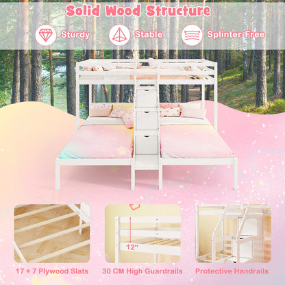 Triple Twin Bunk Bed with Storage Staircase and Safety Guardrails for Kids and Teens