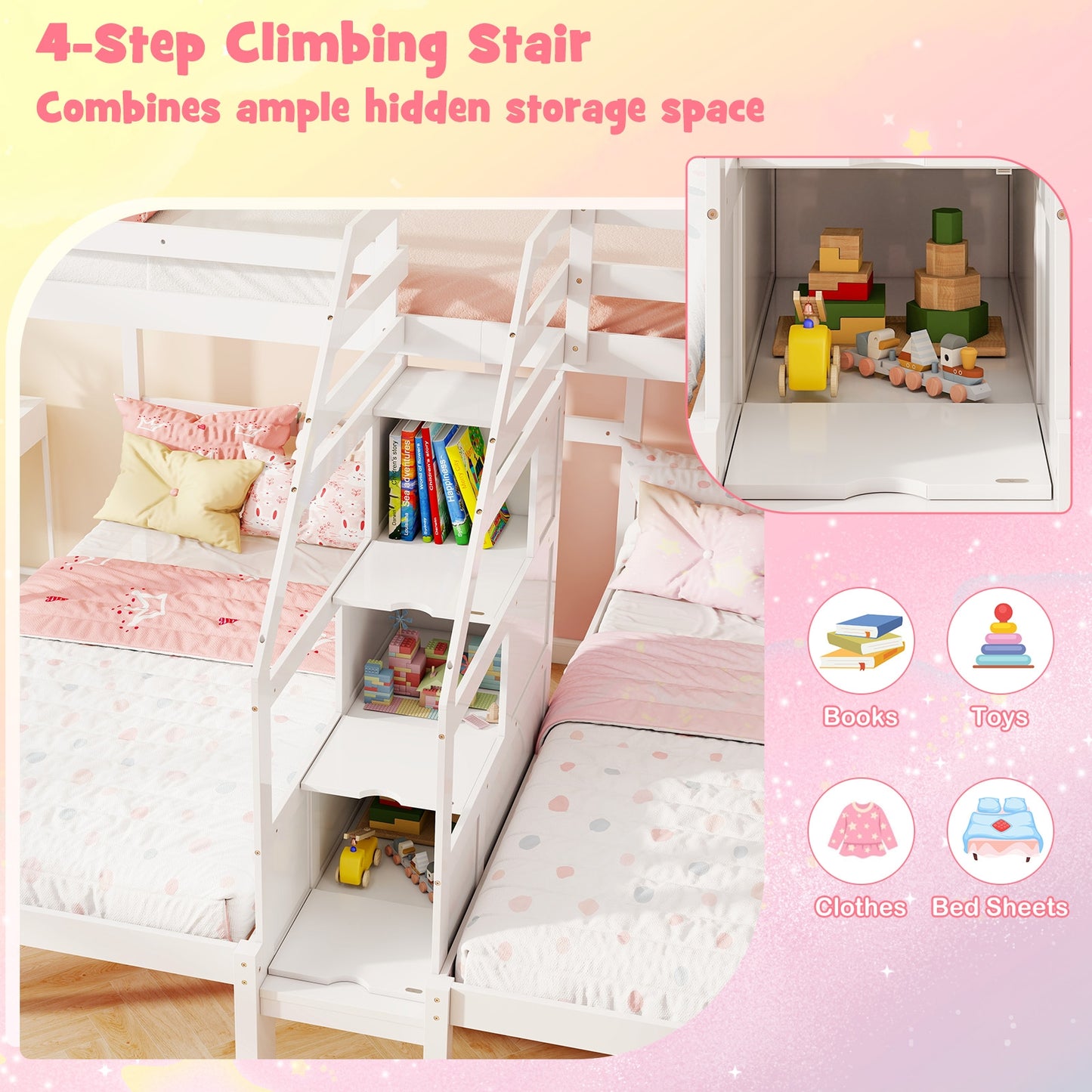 Triple Twin Bunk Bed with Storage Staircase and Safety Guardrails for Kids and Teens