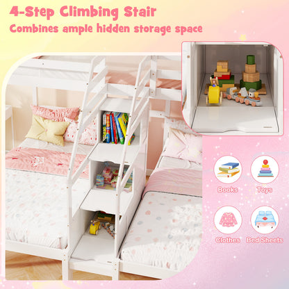 Triple Twin Bunk Bed with Storage Staircase and Safety Guardrails for Kids and Teens