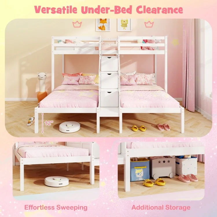 Triple Twin Bunk Bed with Storage Staircase and Safety Guardrails for Kids and Teens