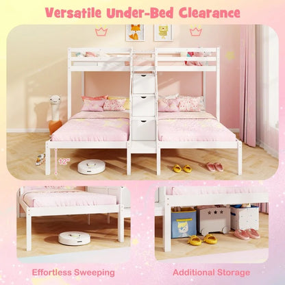 Triple Twin Bunk Bed with Storage Staircase and Safety Guardrails for Kids and Teens