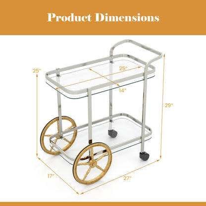 Elegant 2-Tier Tempered Glass Serving Cart with Stainless Steel Frame and Smooth Rolling Wheels