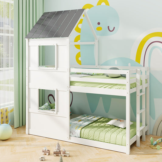 Solid Wood Twin Over Twin Bunk Bed with Full-Length Safety Guardrail and Sturdy Ladder