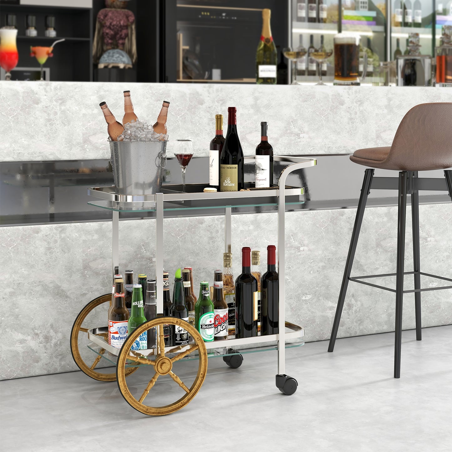 Elegant 2-Tier Tempered Glass Serving Cart with Stainless Steel Frame and Smooth Rolling Wheels