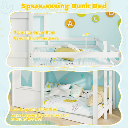 Solid Wood Twin Over Twin Bunk Bed with Full-Length Safety Guardrail and Sturdy Ladder