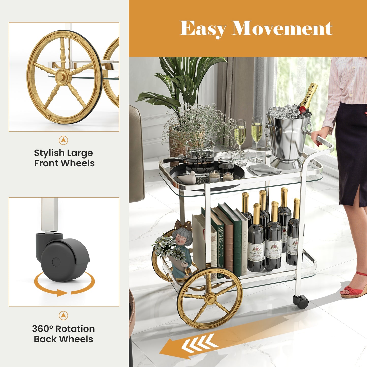 Elegant 2-Tier Tempered Glass Serving Cart with Stainless Steel Frame and Smooth Rolling Wheels