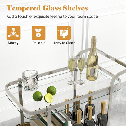 Elegant 2-Tier Tempered Glass Serving Cart with Stainless Steel Frame and Smooth Rolling Wheels