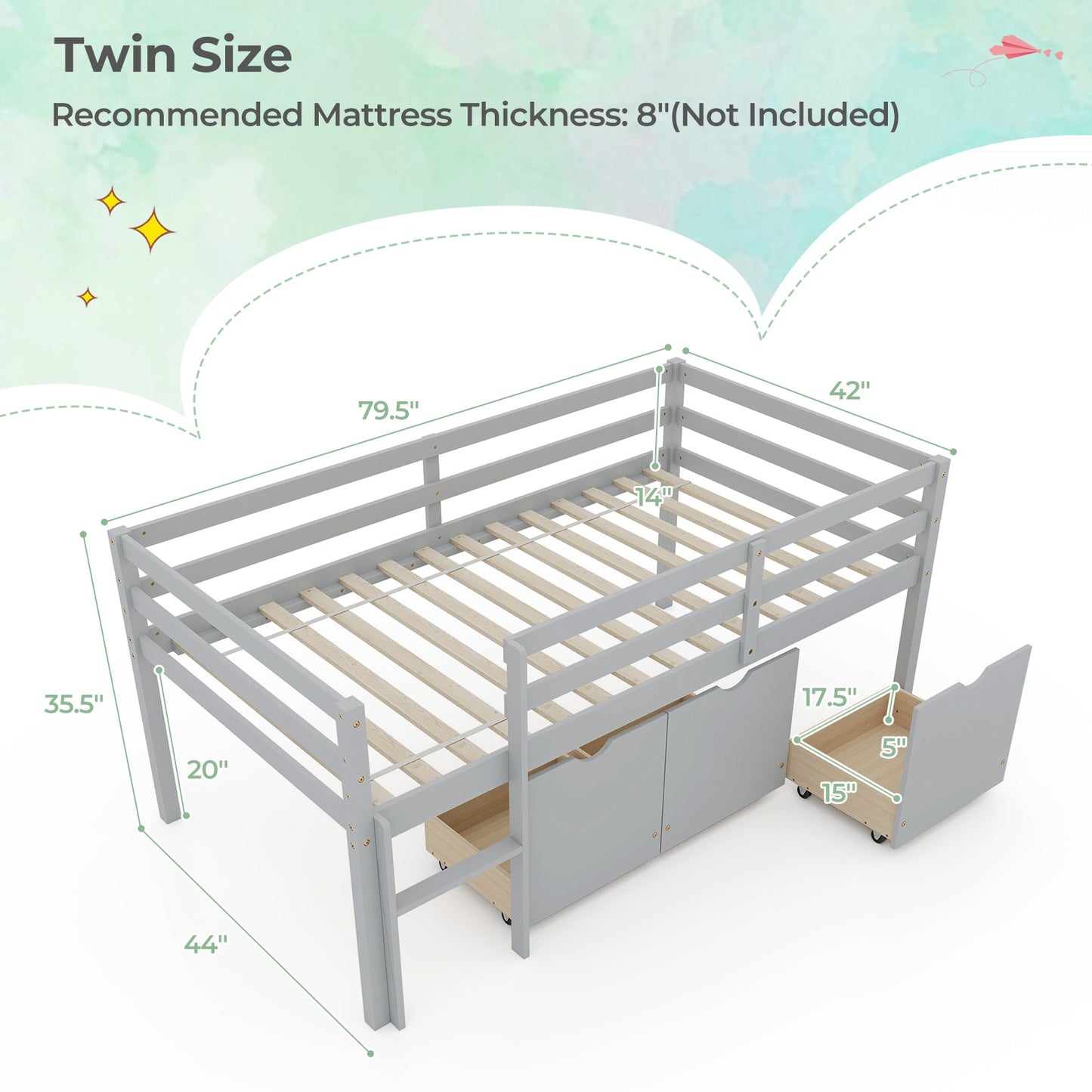 Kids Twin Low Loft Bed with 3 Storage Drawers and Safety Guardrails – Grey