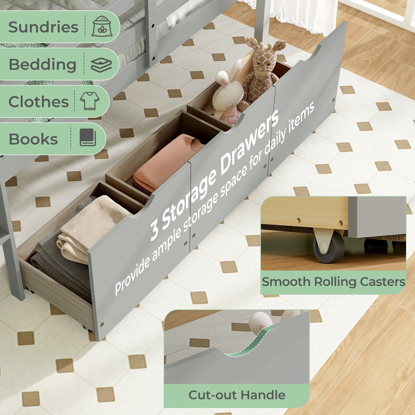 Kids Twin Low Loft Bed with 3 Storage Drawers and Safety Guardrails – Grey