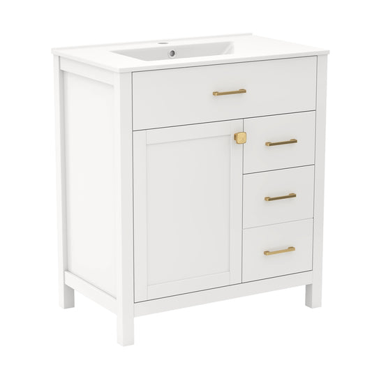 30 Inch Modern Bathroom Vanity with Ceramic Sink, 2 Drawers, and Adjustable Shelf