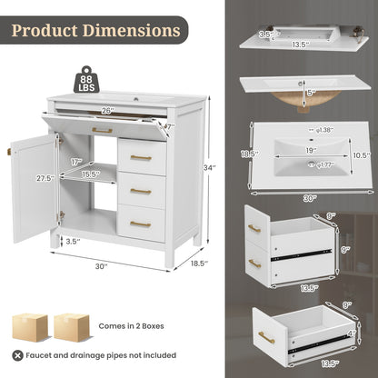 30 Inch Modern Bathroom Vanity with Ceramic Sink, 2 Drawers, and Adjustable Shelf