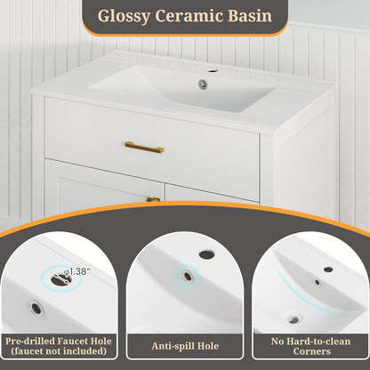 30 Inch Modern Bathroom Vanity with Ceramic Sink, 2 Drawers, and Adjustable Shelf