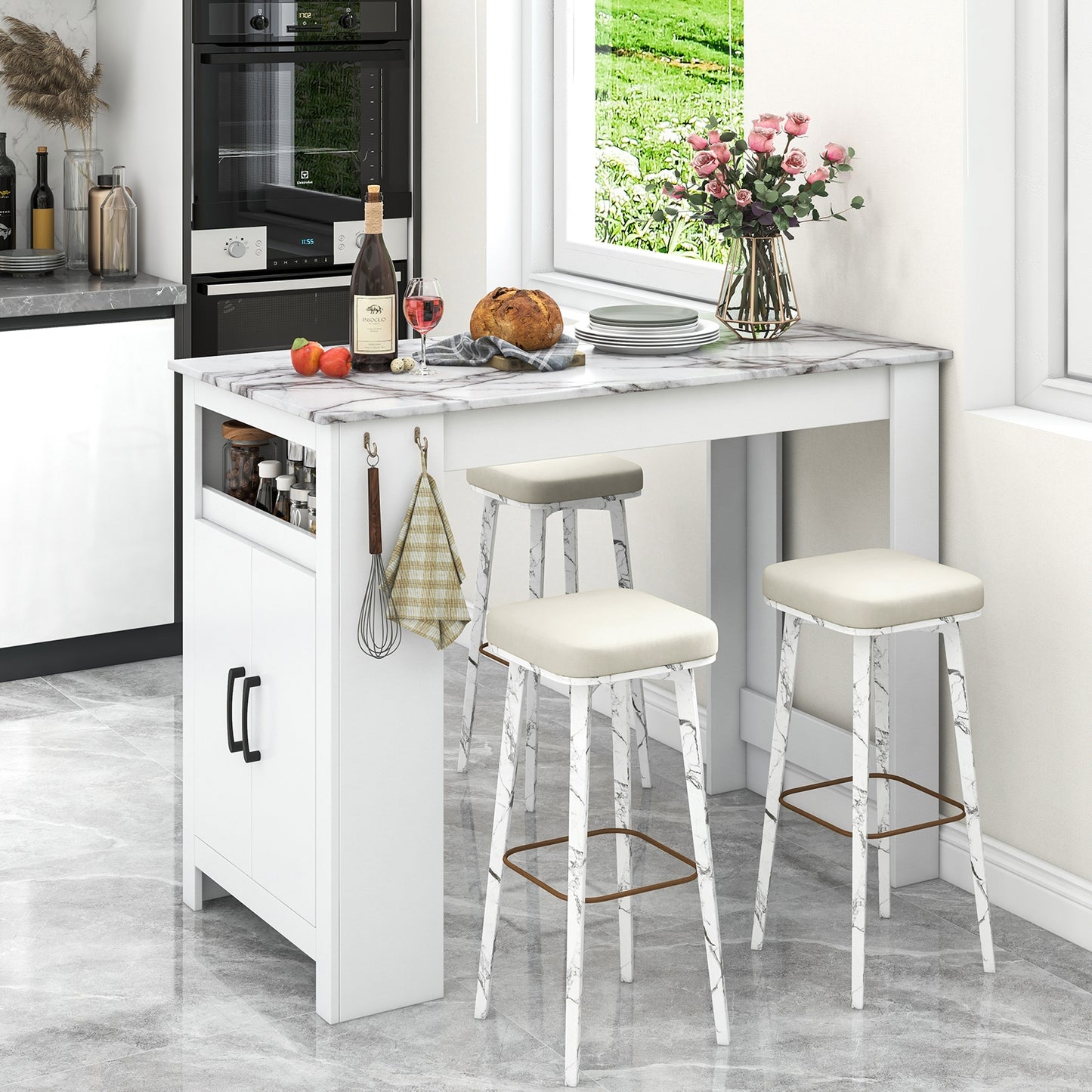 Faux Marble Bar Table with Storage Cabinet Hooks and Open Shelf for Dining or Kitchen