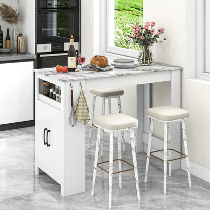 Faux Marble Bar Table with Storage Cabinet Hooks and Open Shelf for Dining or Kitchen