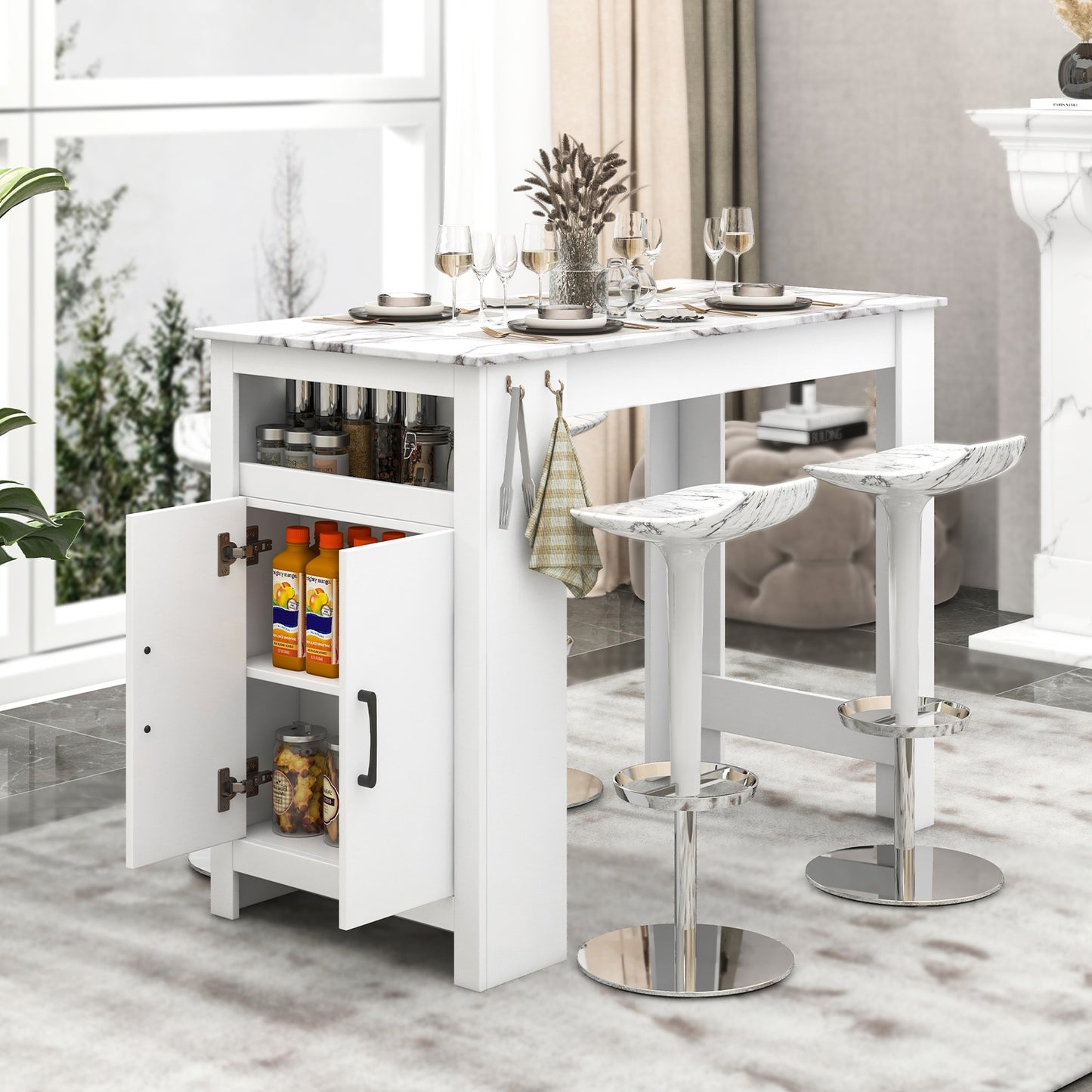 Faux Marble Bar Table with Storage Cabinet Hooks and Open Shelf for Dining or Kitchen