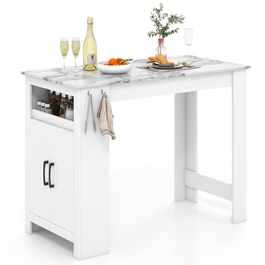 Faux Marble Bar Table with Storage Cabinet Hooks and Open Shelf for Dining or Kitchen